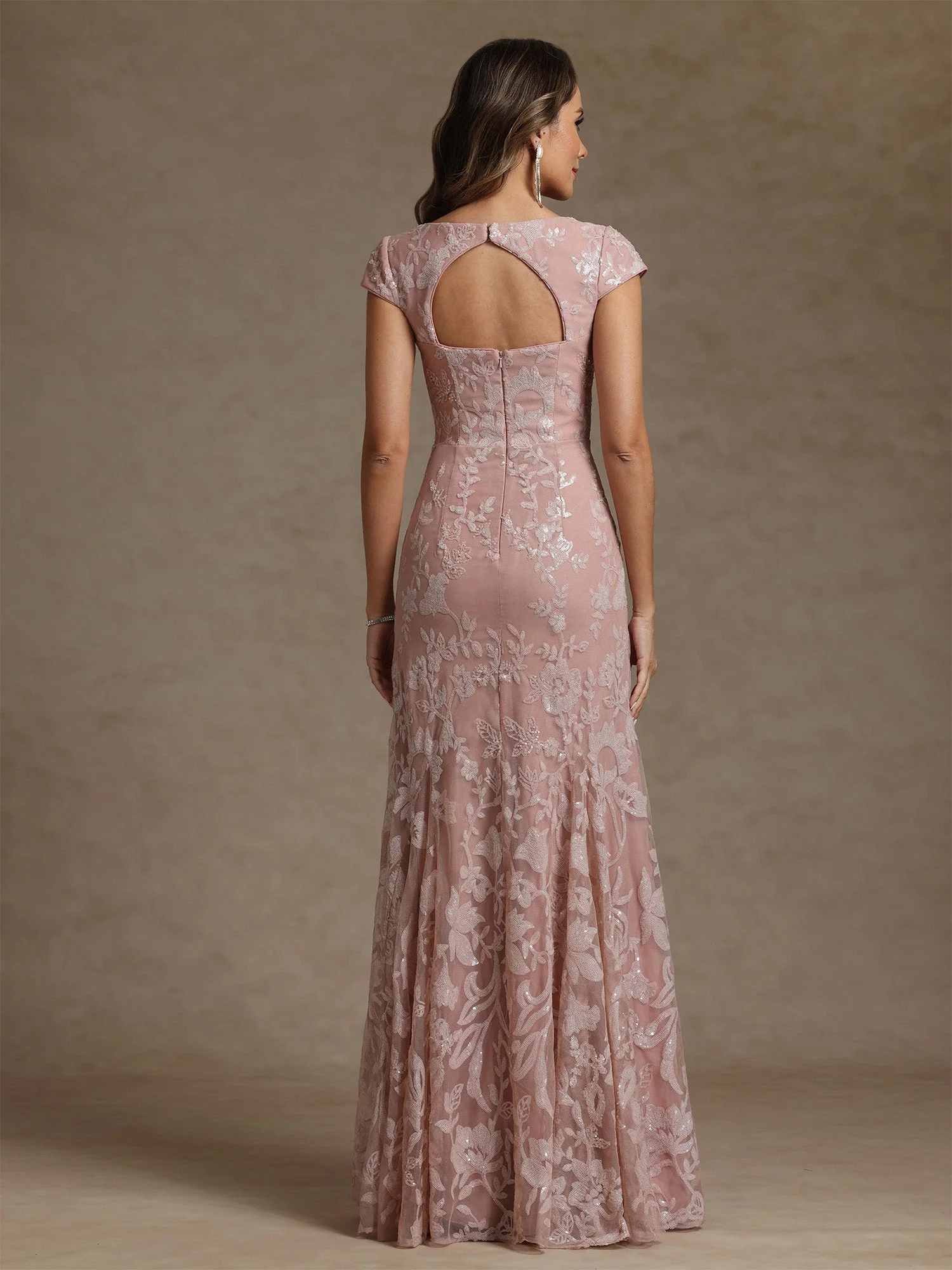 Sheath/Column Square Collar Chiffon Mother of the Bride Dresses Floor-Length Lace Sequins Short Sleeves - Image 2