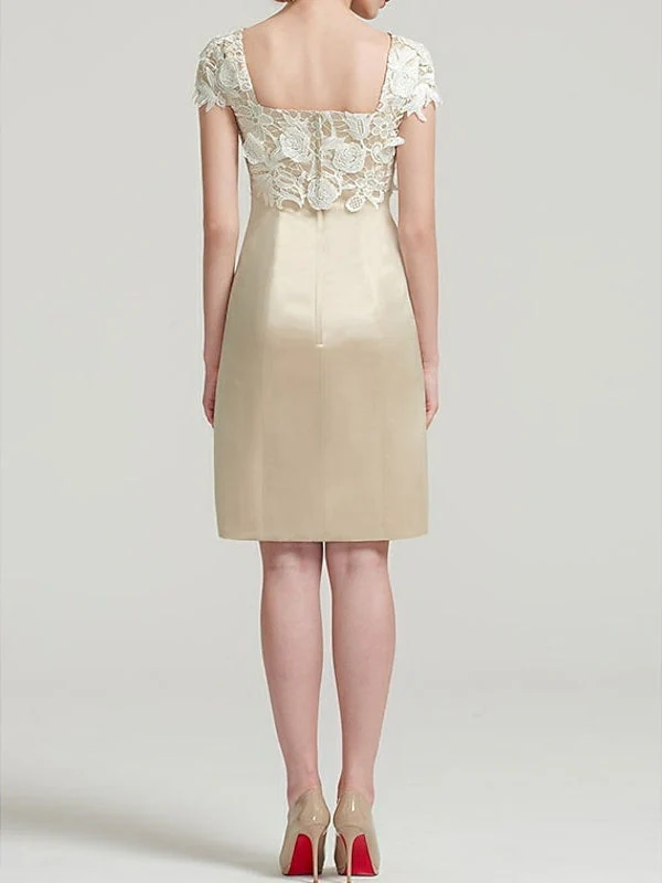 Sheath / Column Square Neck Knee Length Satin Lace Short Sleeve Mother of the Bride Dress with Pleats Appliques - Image 2