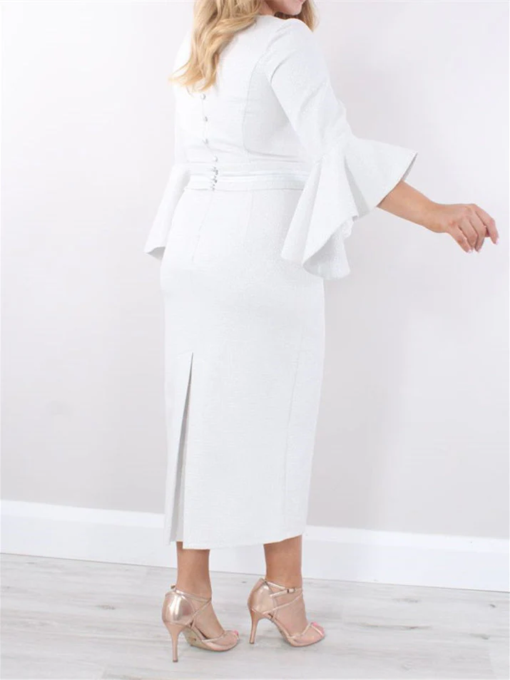 Sheath/Column Square Neck Tea-Length 3/4 Length Sleeves Mother of the Bride Dresses with Ruffles - Image 2