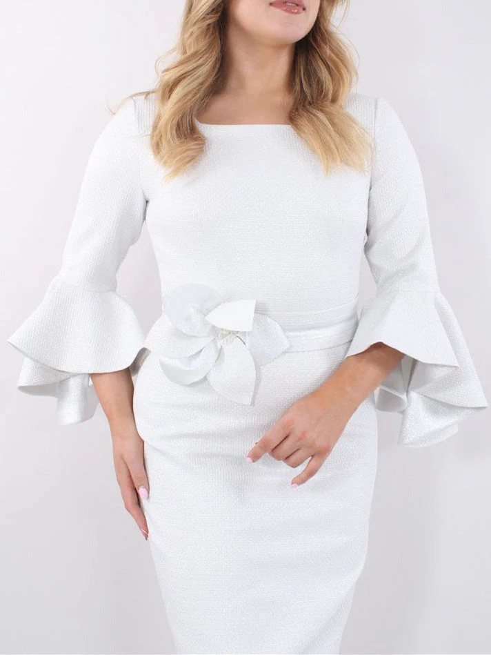 Sheath/Column Square Neck Tea-Length 3/4 Length Sleeves Mother of the Bride Dresses with Ruffles - Image 3