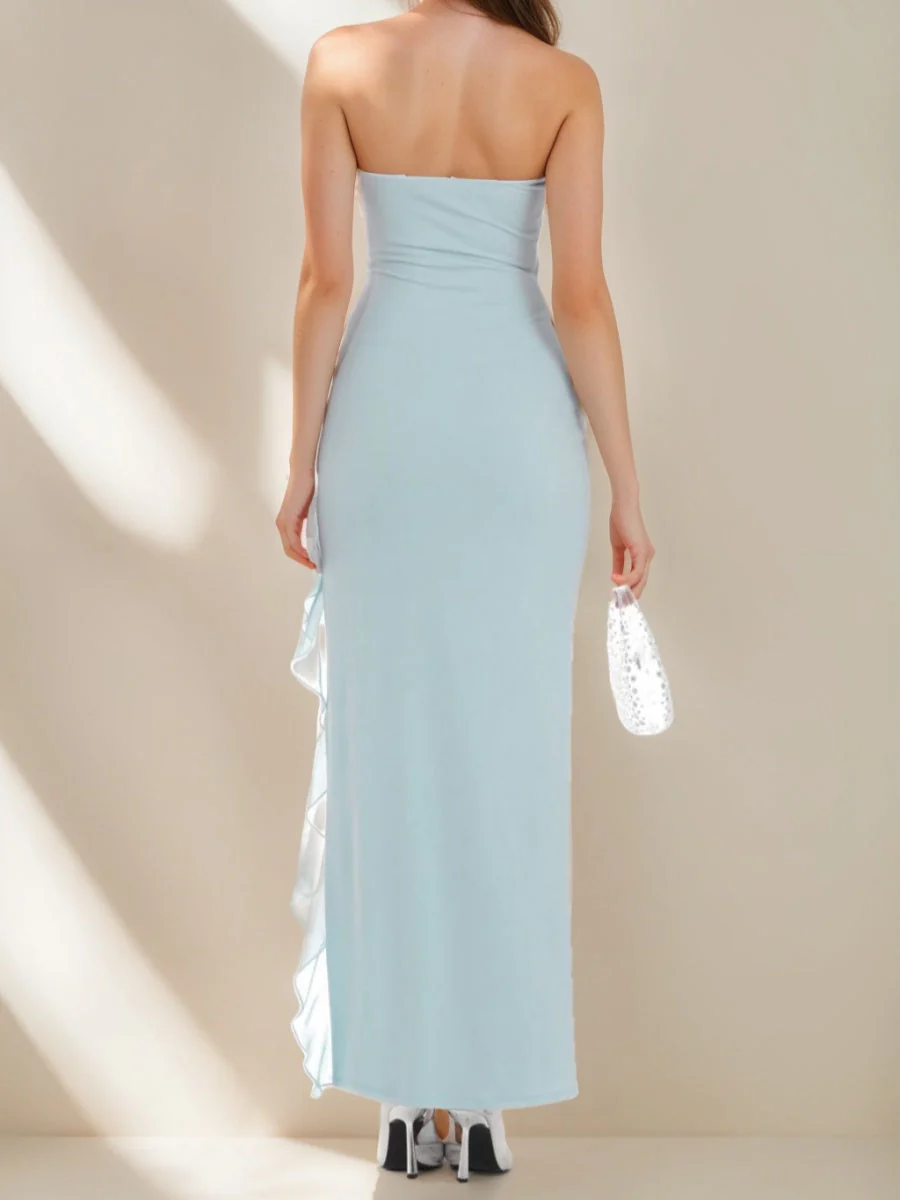 Sheath/Column Strapless Ankle-Length Prom Dresses with High Side Slit & Ruffles - Image 2