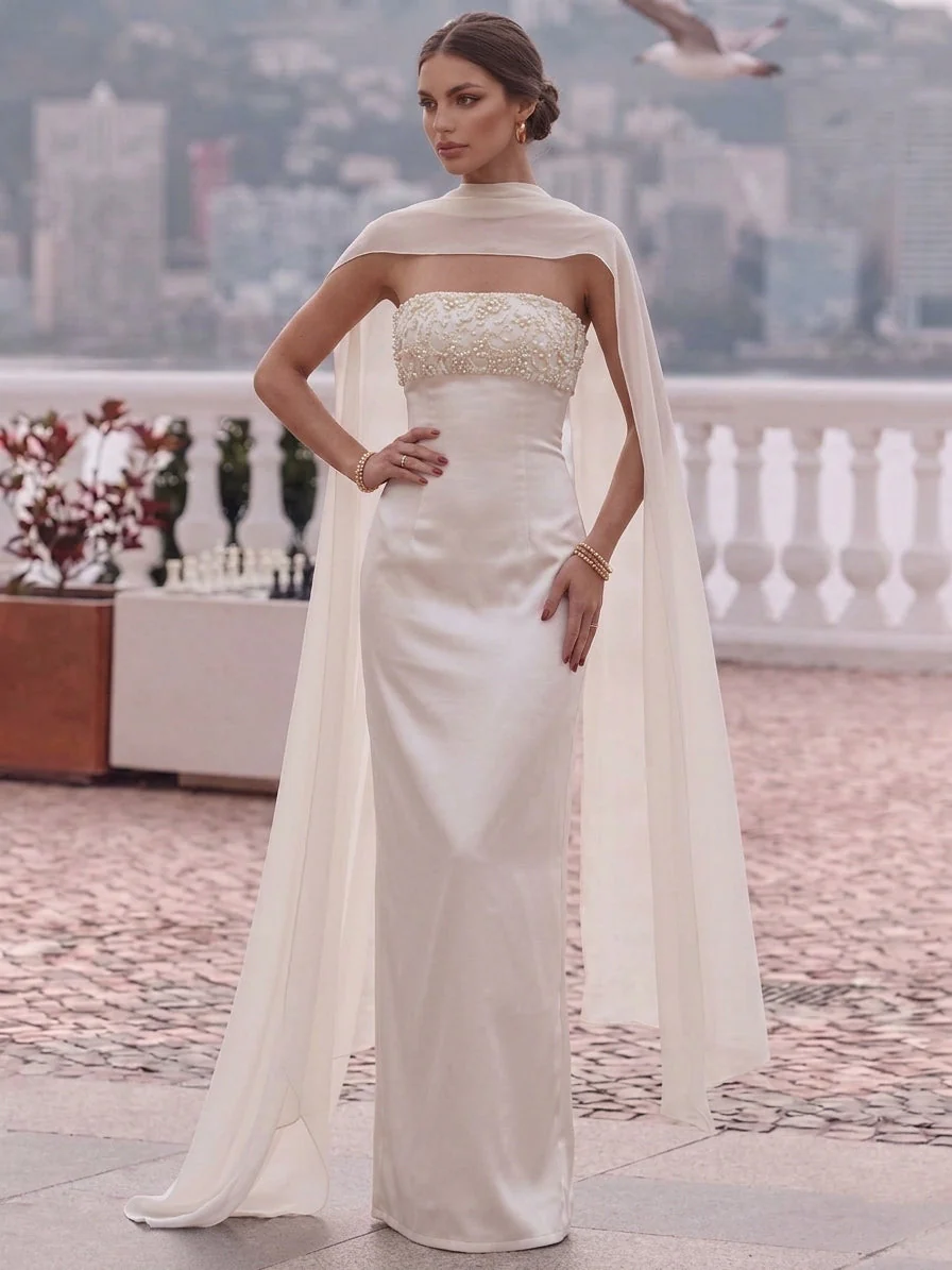 Sheath/Column Strapless Silk Satin Evening Dresses with Scarf Sleeveless Beading Floor-Length Formal Dresses