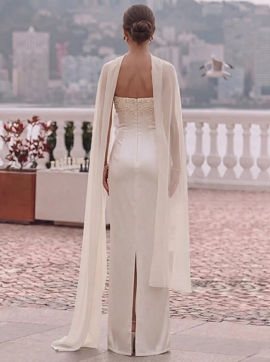 Sheath/Column Strapless Silk Satin Evening Dresses with Scarf Sleeveless Beading Floor-Length Formal Dresses - Image 2