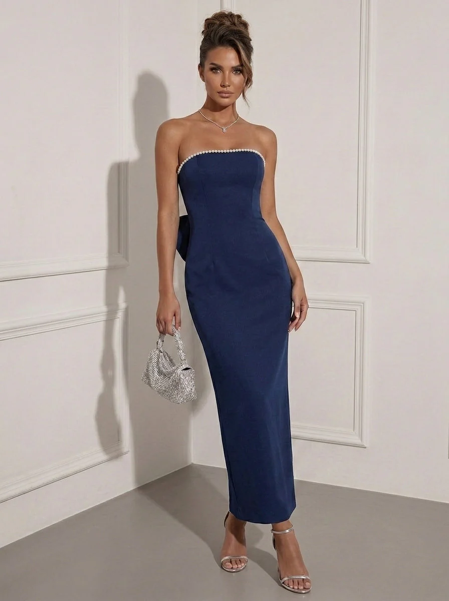 Sheath/Column Strapless Stretch Satin Cocktail Dresses Ankle-Length Sleeveless Little White Dresses Bowknot Formal Dress - Image 3