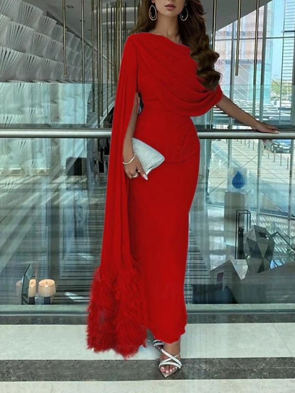 Sheath/Column Sweep/Brush Train Sleeveless Cowl Neck Prom Dress Chiffon with Feather Ruched Slit - Image 6