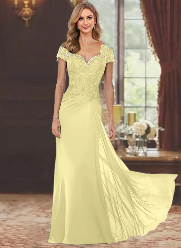 Sheath/Column Sweetheart Short Sleeves Floor-Length Mother of the Bride Dresses with Appliques Lace - Image 16