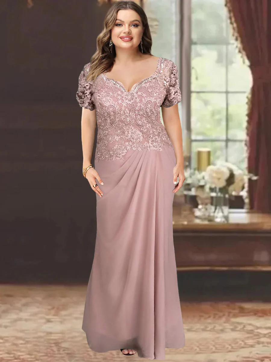 Sheath/Column Sweetheart Short Sleeves Floor-Length Mother of the Bride Dresses with Appliques Lace - Image 3