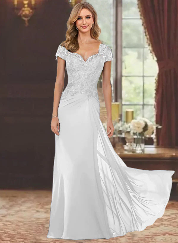 Sheath/Column Sweetheart Short Sleeves Floor-Length Mother of the Bride Dresses with Appliques Lace - Image 49