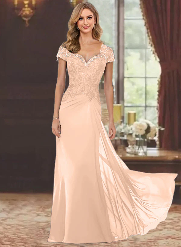 Sheath/Column Sweetheart Short Sleeves Floor-Length Mother of the Bride Dresses with Appliques Lace - Image 53