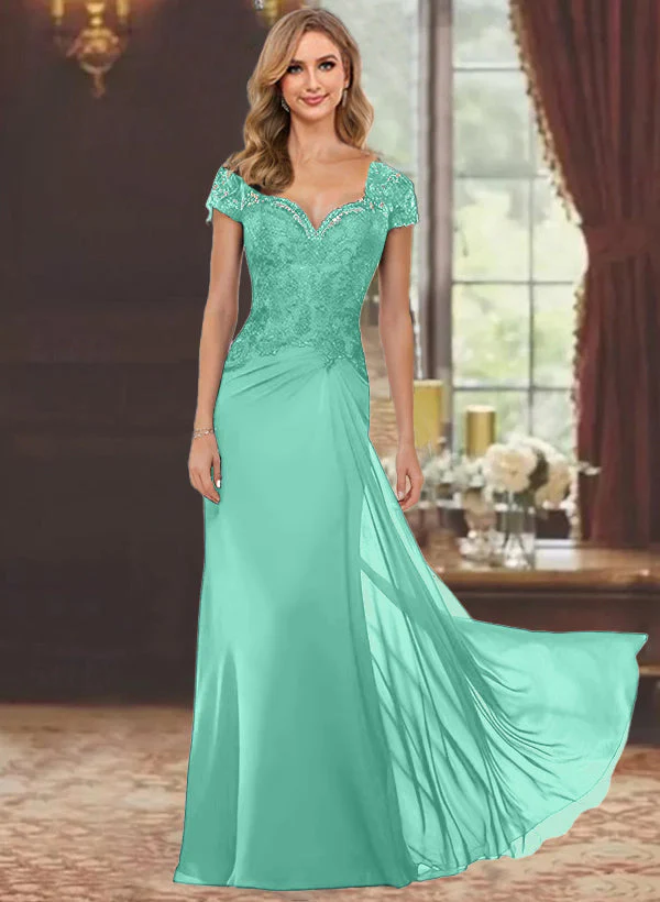 Sheath/Column Sweetheart Short Sleeves Floor-Length Mother of the Bride Dresses with Appliques Lace - Image 66