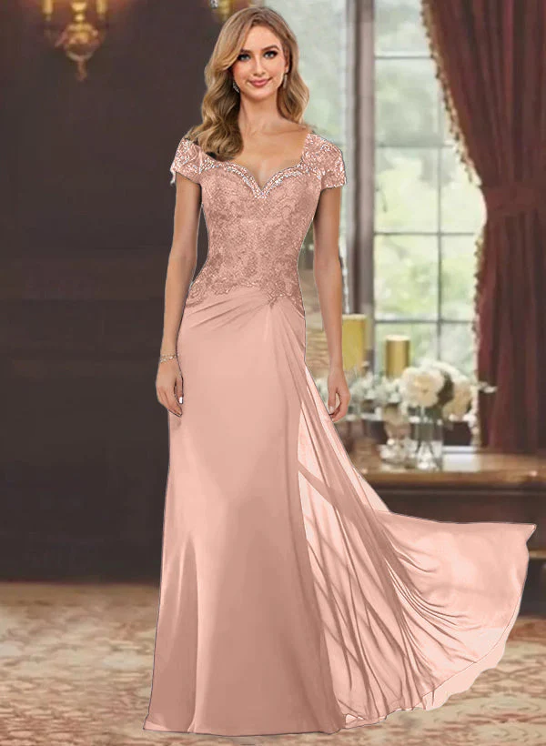 Sheath/Column Sweetheart Short Sleeves Floor-Length Mother of the Bride Dresses with Appliques Lace - Image 8