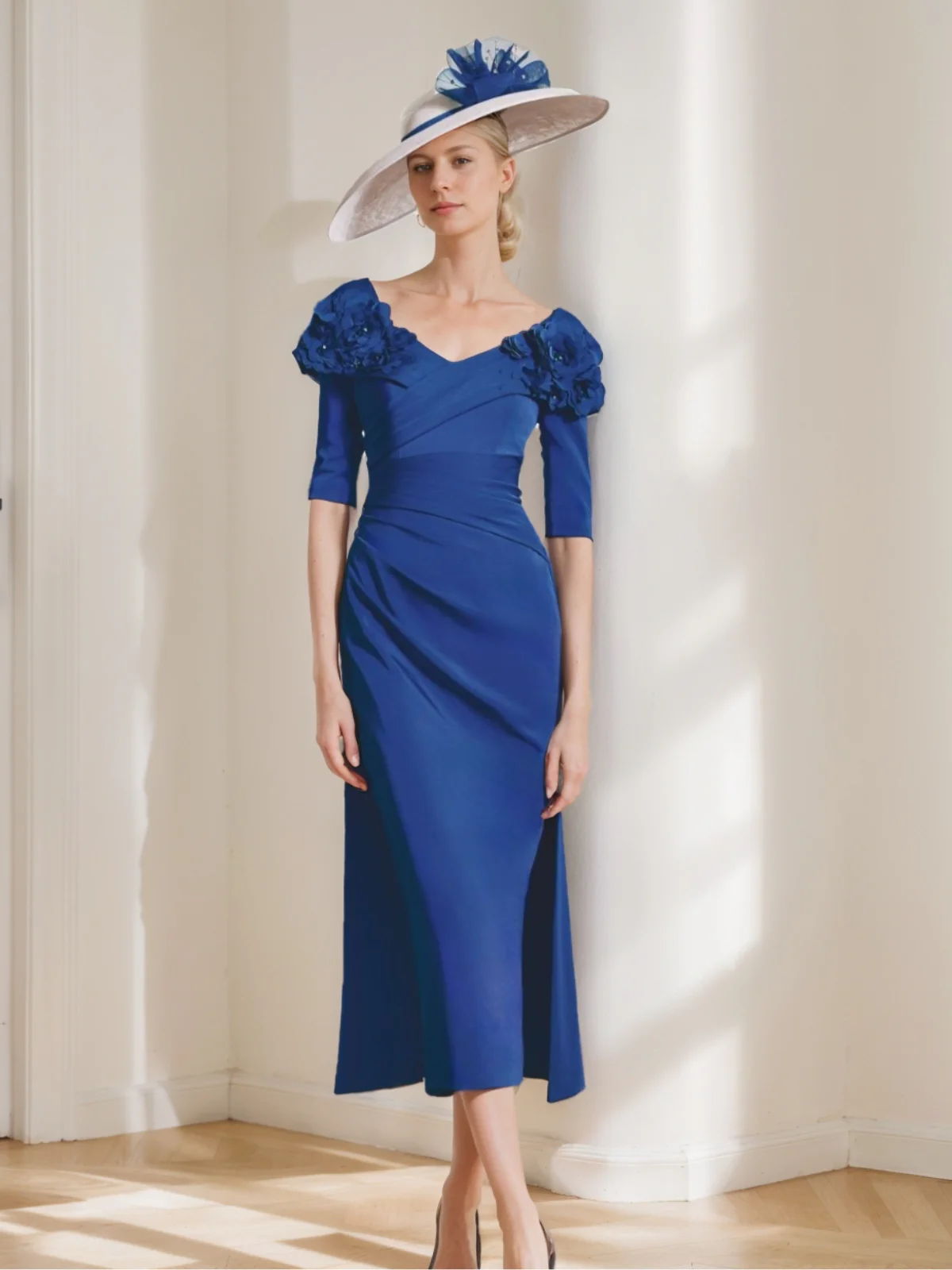 Sheath/Column Sweetheart Tea-Length Half Sleeves Mother of the Bride Dresses with 3D Flower - Image 3