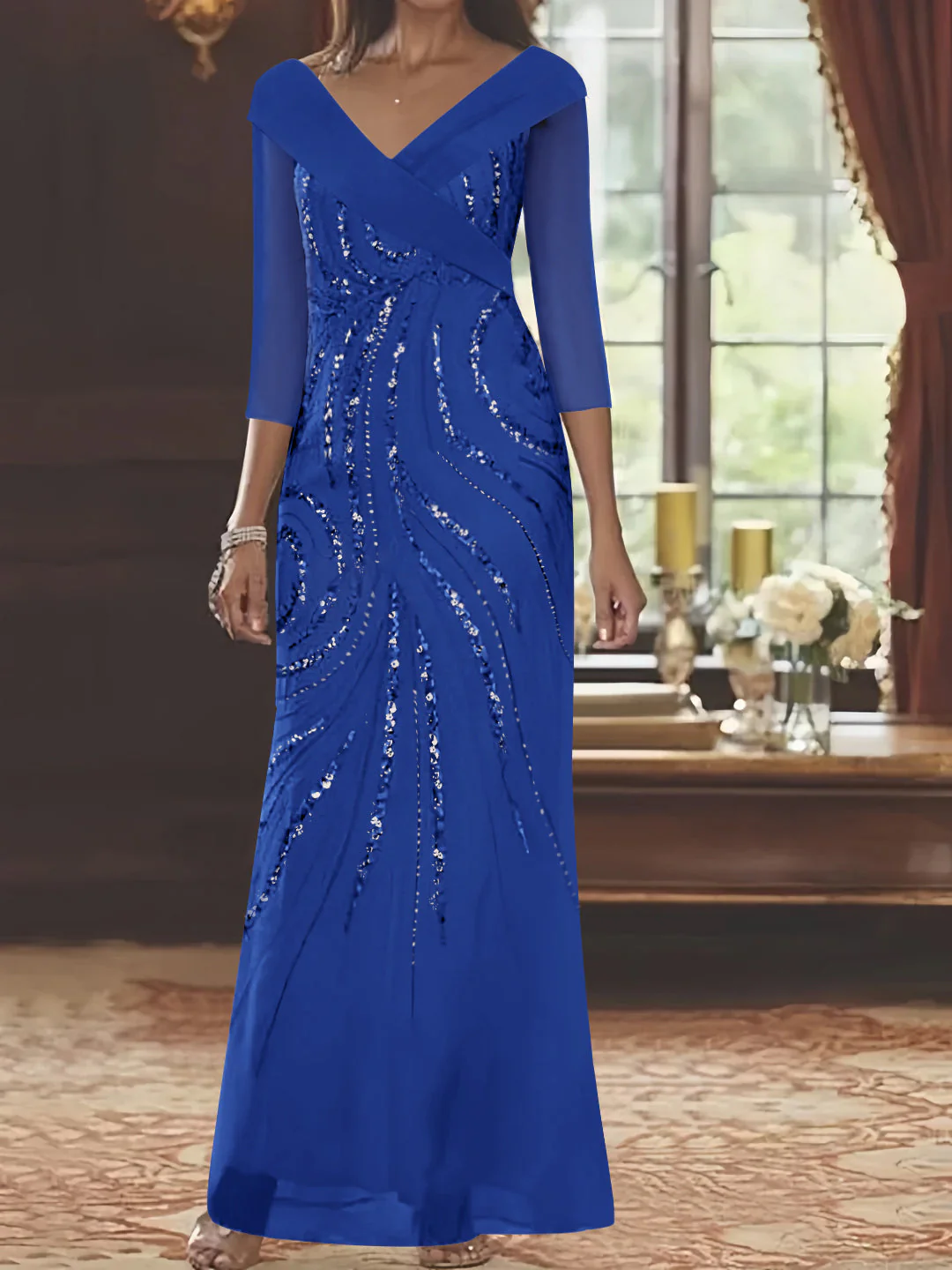 Sheath/Column V-Neck 3/4 Length Sleeve Floor-Length Mother of the Bride Dresses with Sequins - Image 18