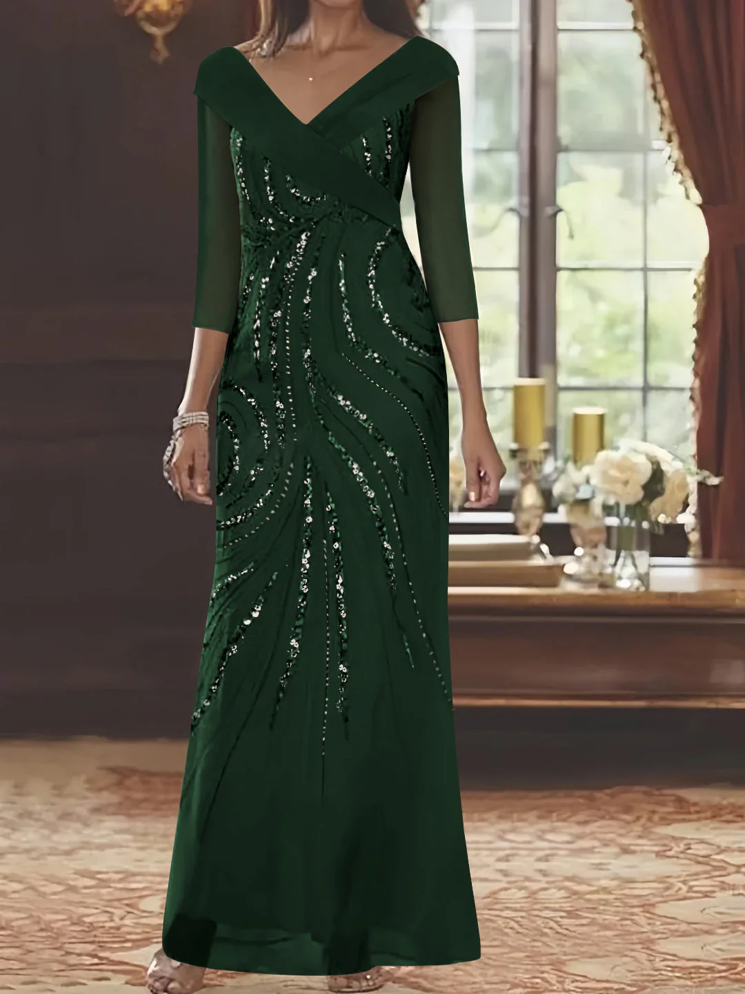 Sheath/Column V-Neck 3/4 Length Sleeve Floor-Length Mother of the Bride Dresses with Sequins - Image 24
