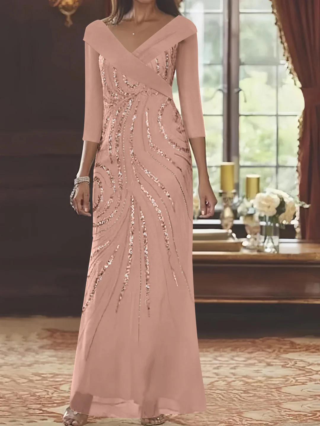 Sheath/Column V-Neck 3/4 Length Sleeve Floor-Length Mother of the Bride Dresses with Sequins - Image 30