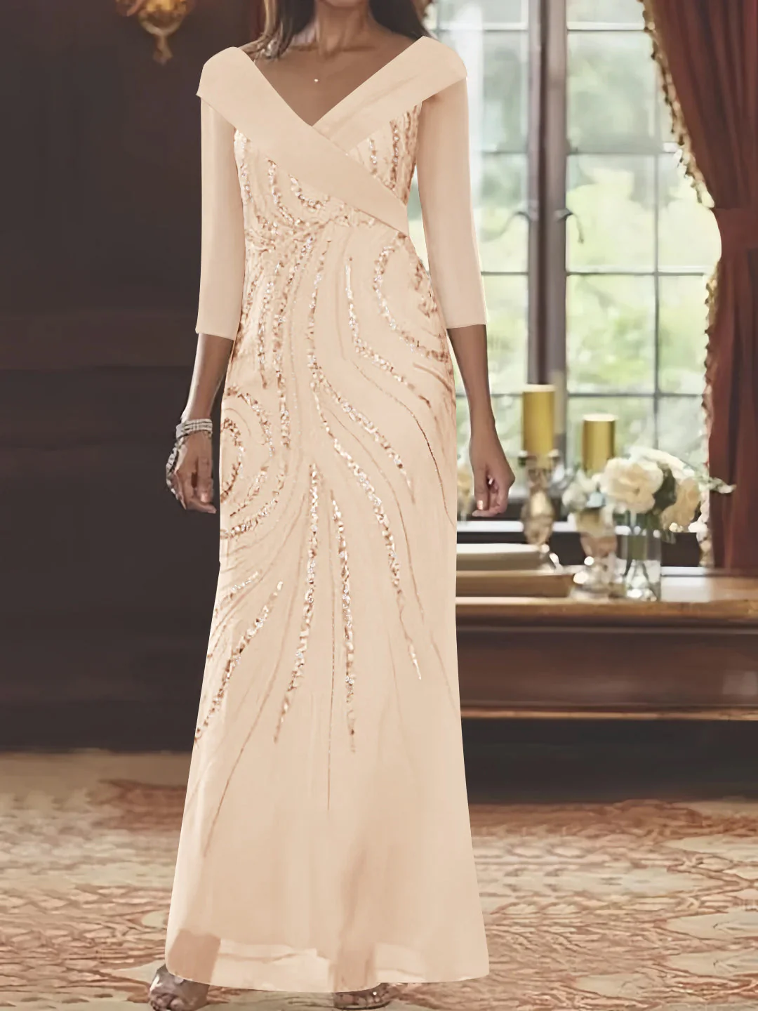 Sheath/Column V-Neck 3/4 Length Sleeve Floor-Length Mother of the Bride Dresses with Sequins - Image 38