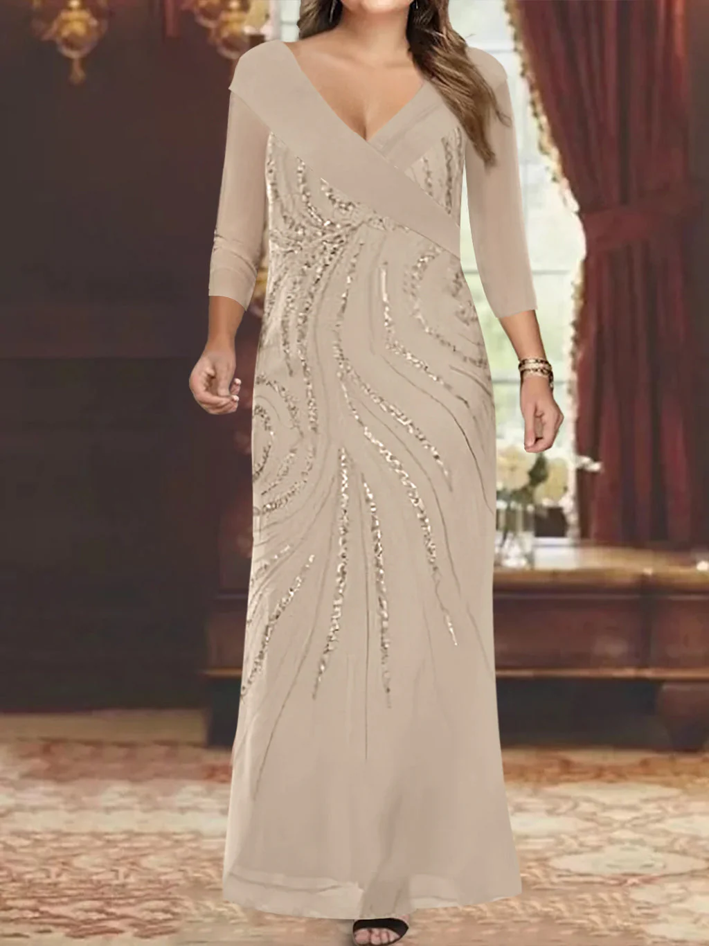Sheath/Column V-Neck 3/4 Length Sleeve Floor-Length Mother of the Bride Dresses with Sequins - Image 4
