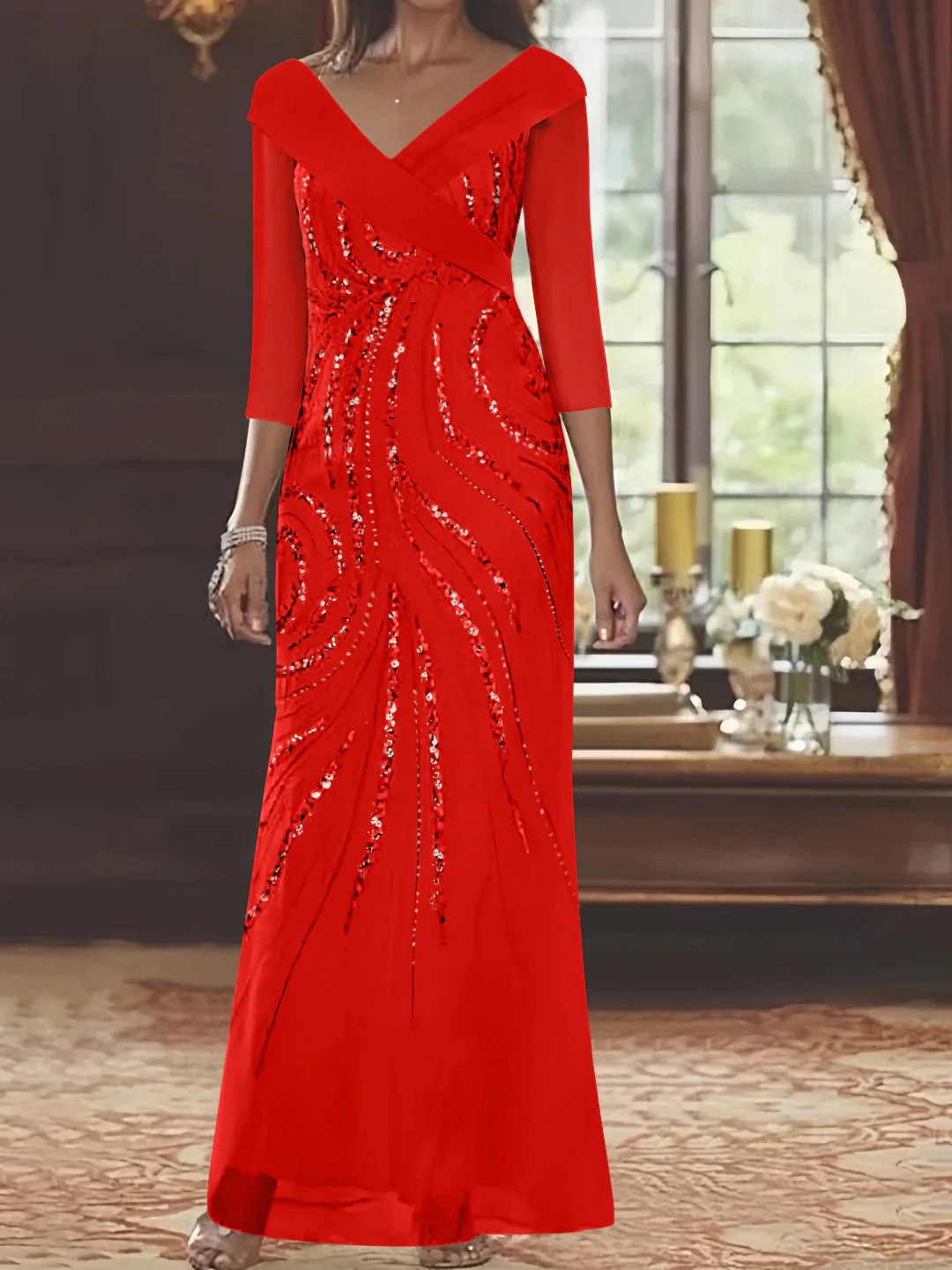 Sheath/Column V-Neck 3/4 Length Sleeve Floor-Length Mother of the Bride Dresses with Sequins - Image 42