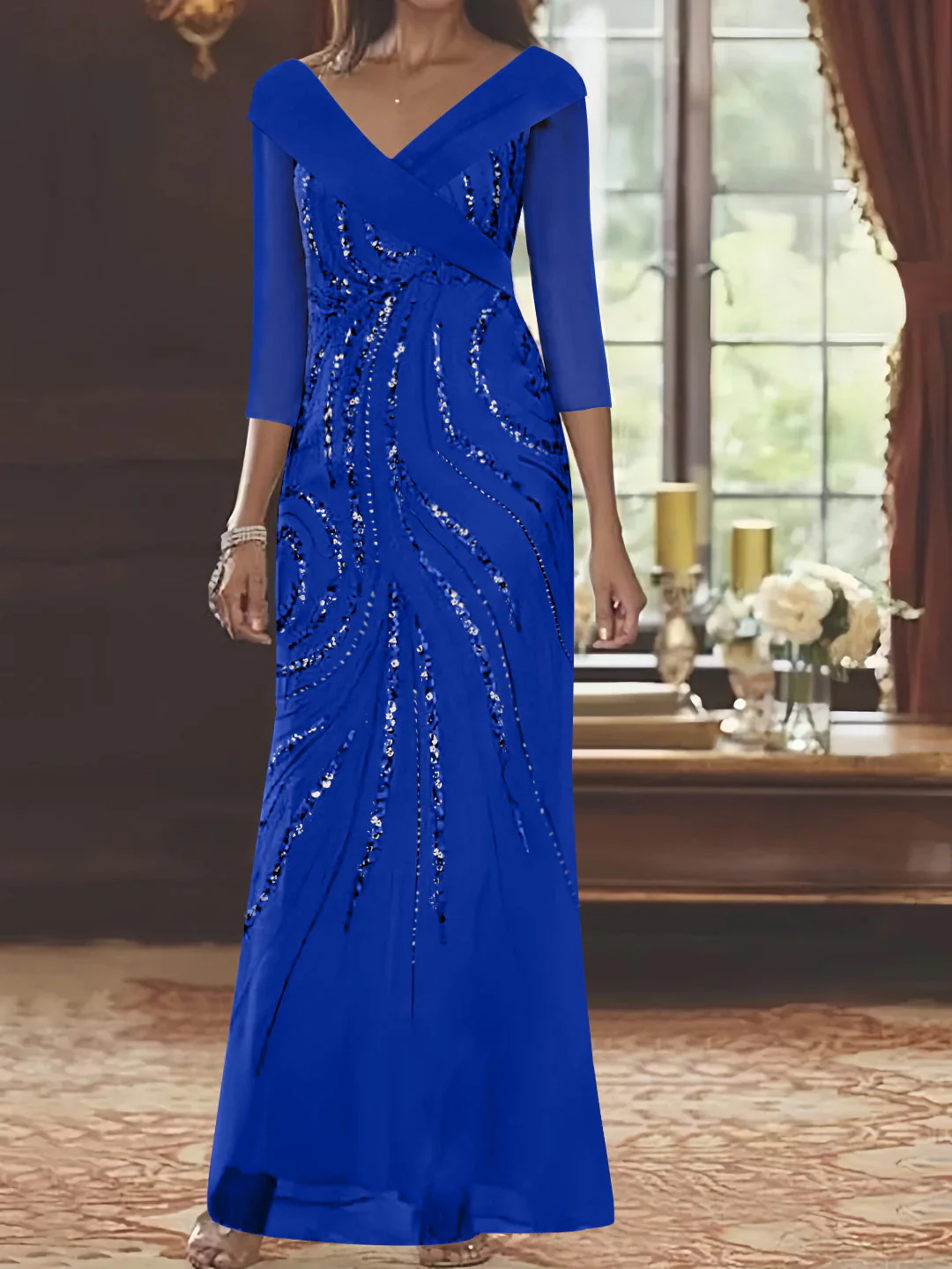 Sheath/Column V-Neck 3/4 Length Sleeve Floor-Length Mother of the Bride Dresses with Sequins - Image 44