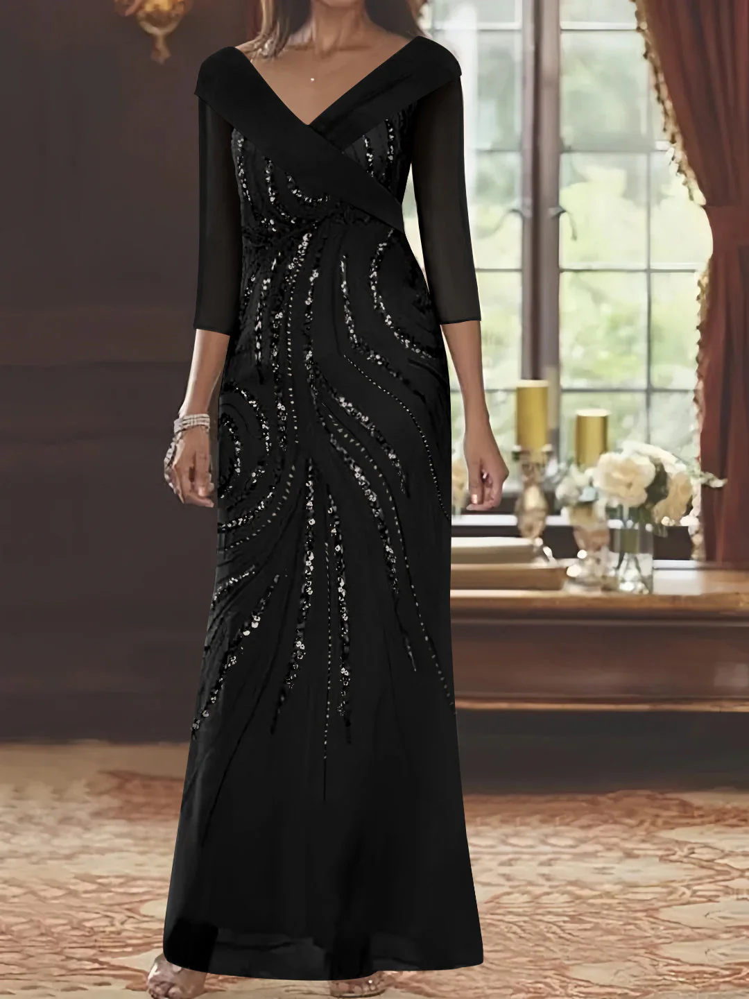 Sheath/Column V-Neck 3/4 Length Sleeve Floor-Length Mother of the Bride Dresses with Sequins - Image 5
