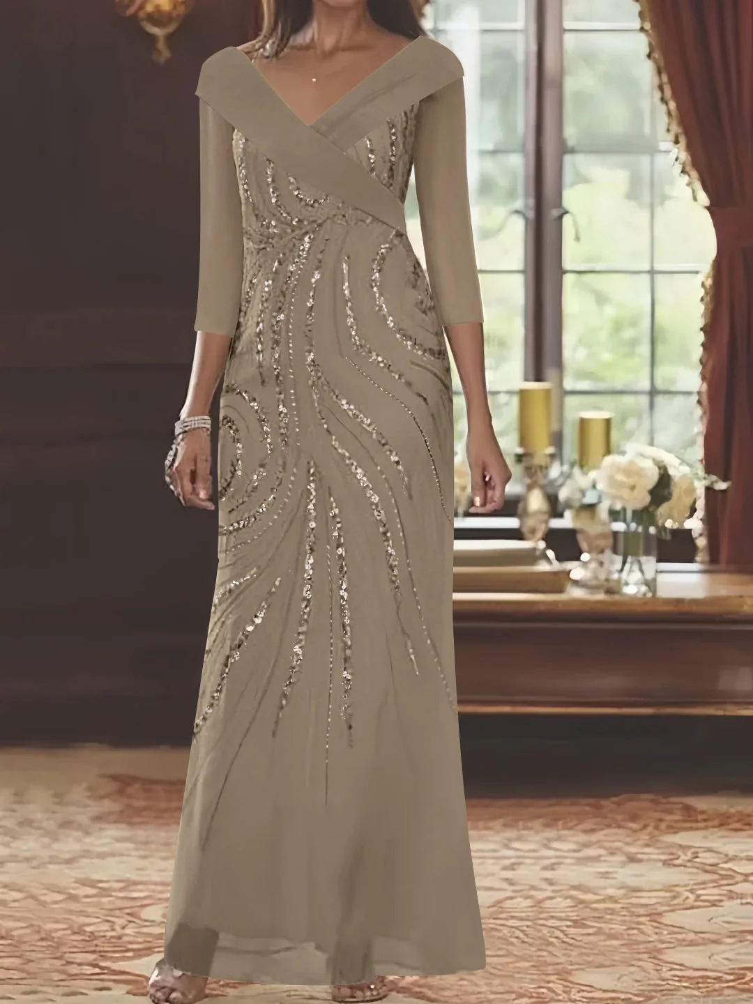 Sheath/Column V-Neck 3/4 Length Sleeve Floor-Length Mother of the Bride Dresses with Sequins - Image 51
