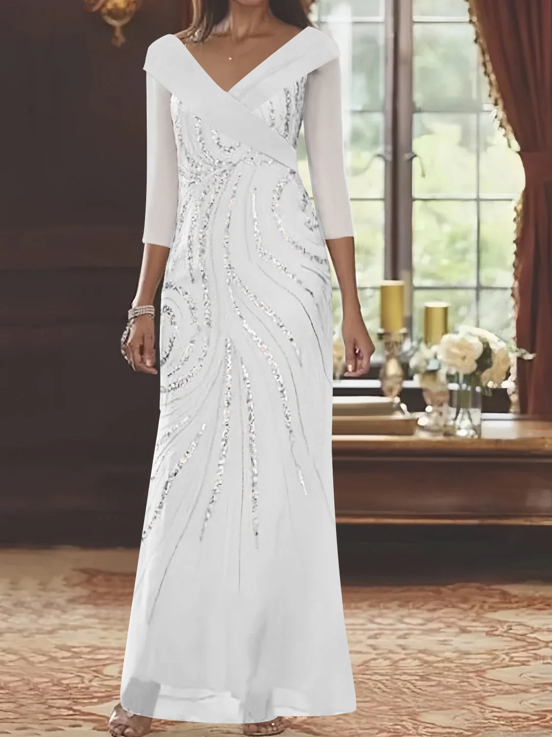 Sheath/Column V-Neck 3/4 Length Sleeve Floor-Length Mother of the Bride Dresses with Sequins - Image 53