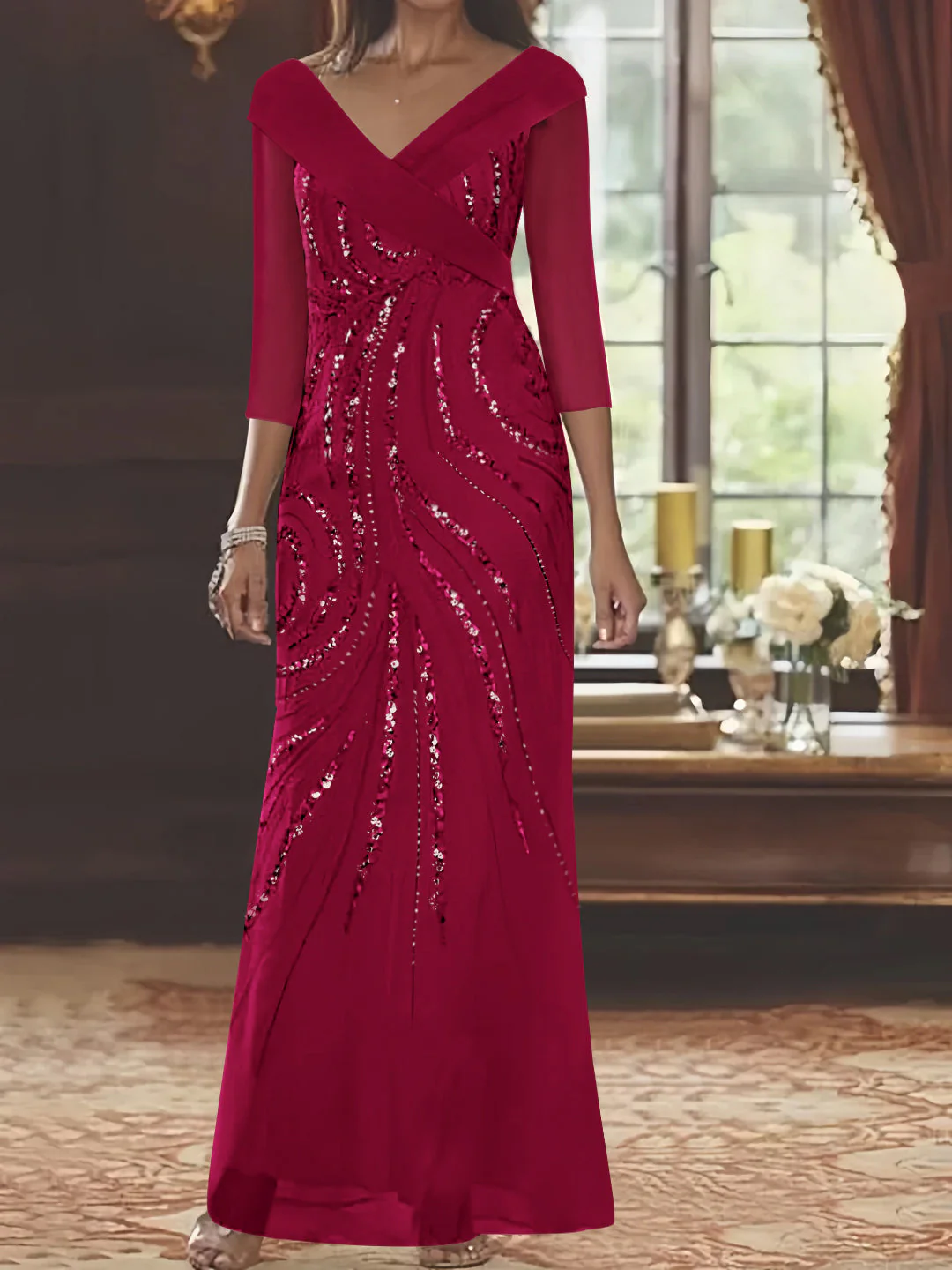 Sheath/Column V-Neck 3/4 Length Sleeve Floor-Length Mother of the Bride Dresses with Sequins - Image 54