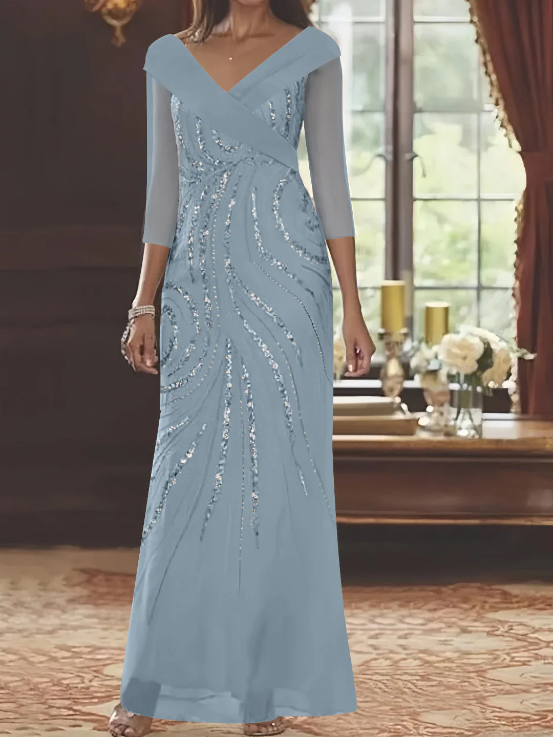 Sheath/Column V-Neck 3/4 Length Sleeve Floor-Length Mother of the Bride Dresses with Sequins - Image 7