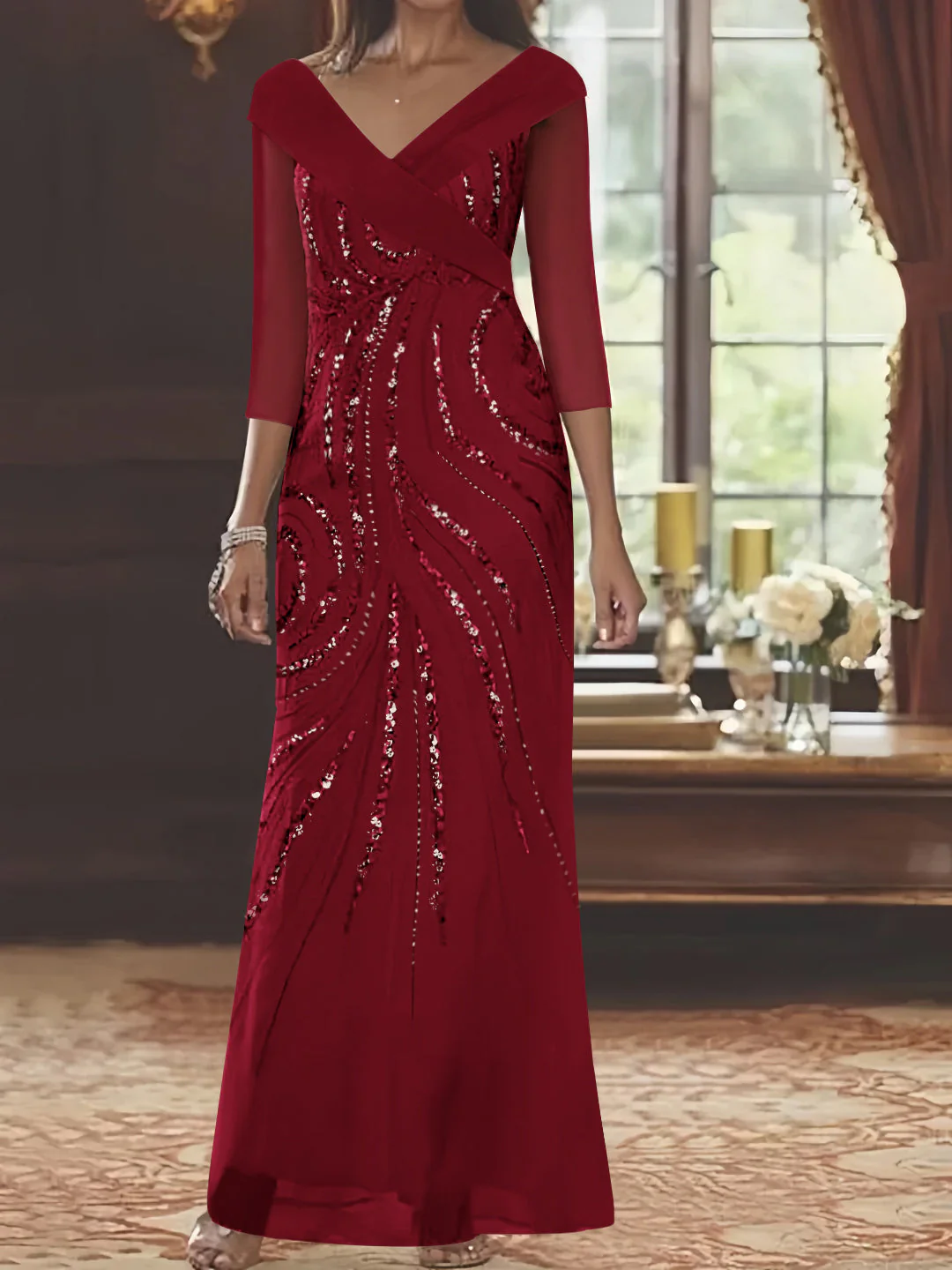 Sheath/Column V-Neck 3/4 Length Sleeve Floor-Length Mother of the Bride Dresses with Sequins - Image 9