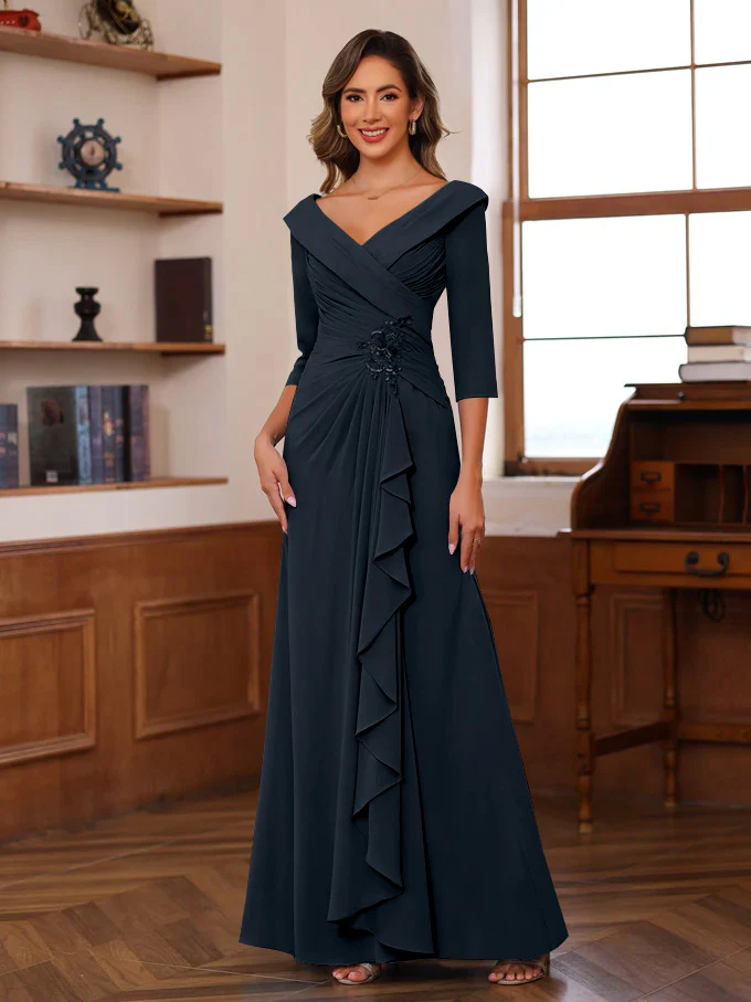 Sheath/Column V-Neck 3/4 Length Sleeves Floor-Length Unique Mother of the Bride Dresses with Ruffles & Appliques - Image 7