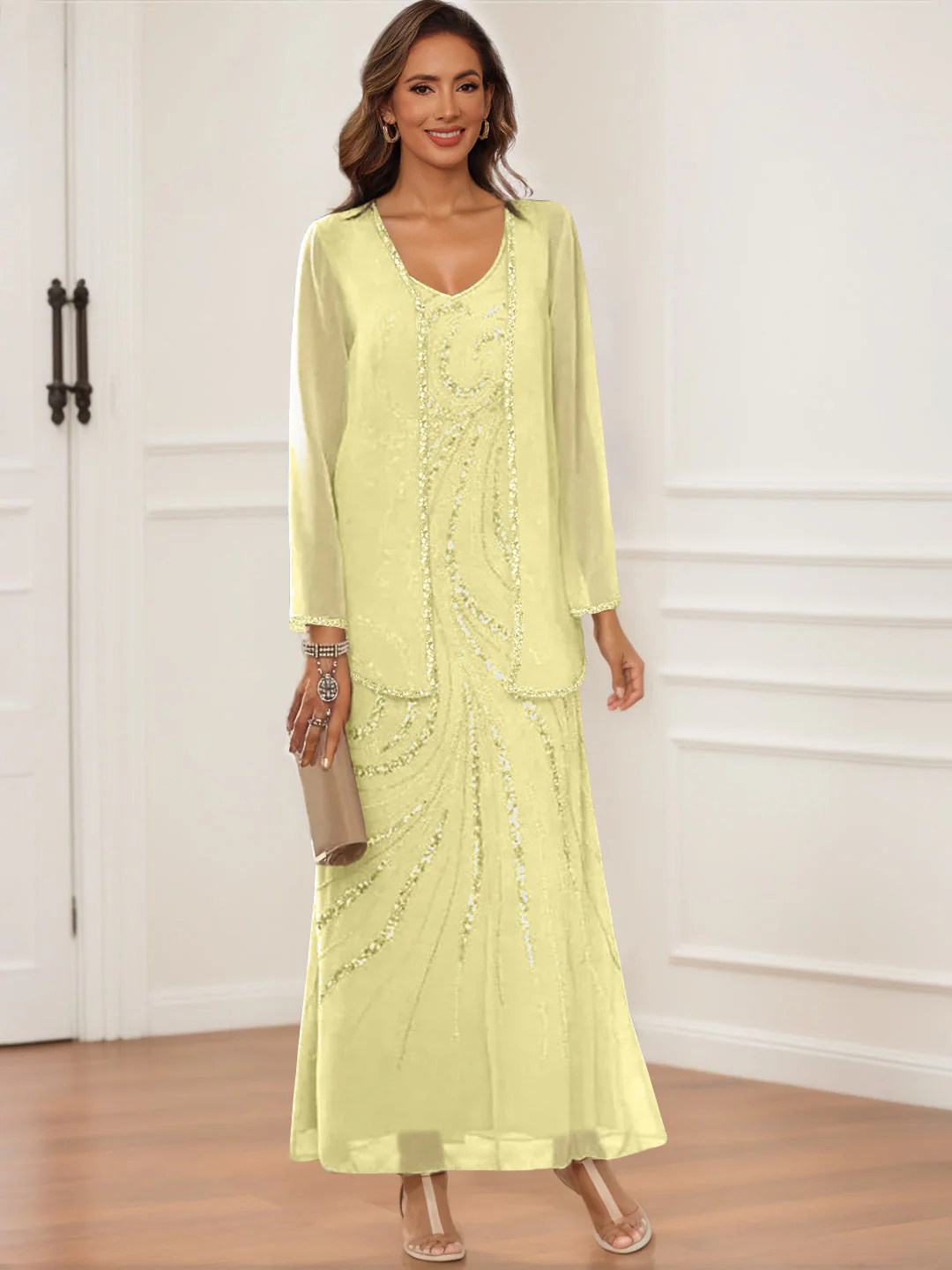 Sheath/Column V-Neck Ankle-Length Mother of the Bride & Groom Dresses with Jacket & Sequins - Image 14
