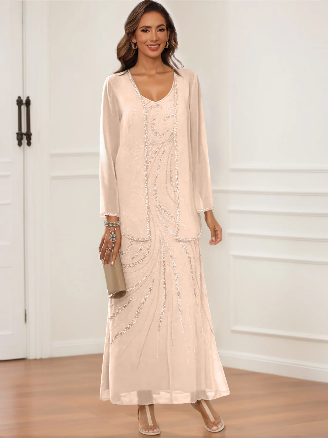 Sheath/Column V-Neck Ankle-Length Mother of the Bride & Groom Dresses with Jacket & Sequins - Image 24
