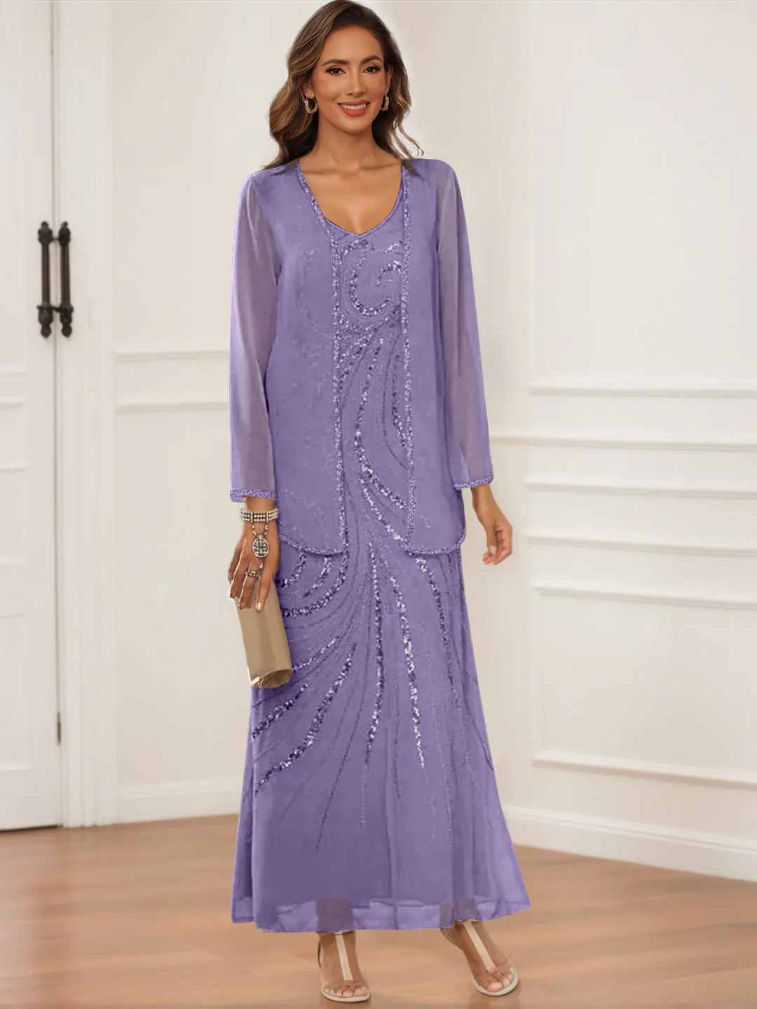 Sheath/Column V-Neck Ankle-Length Mother of the Bride & Groom Dresses with Jacket & Sequins - Image 26