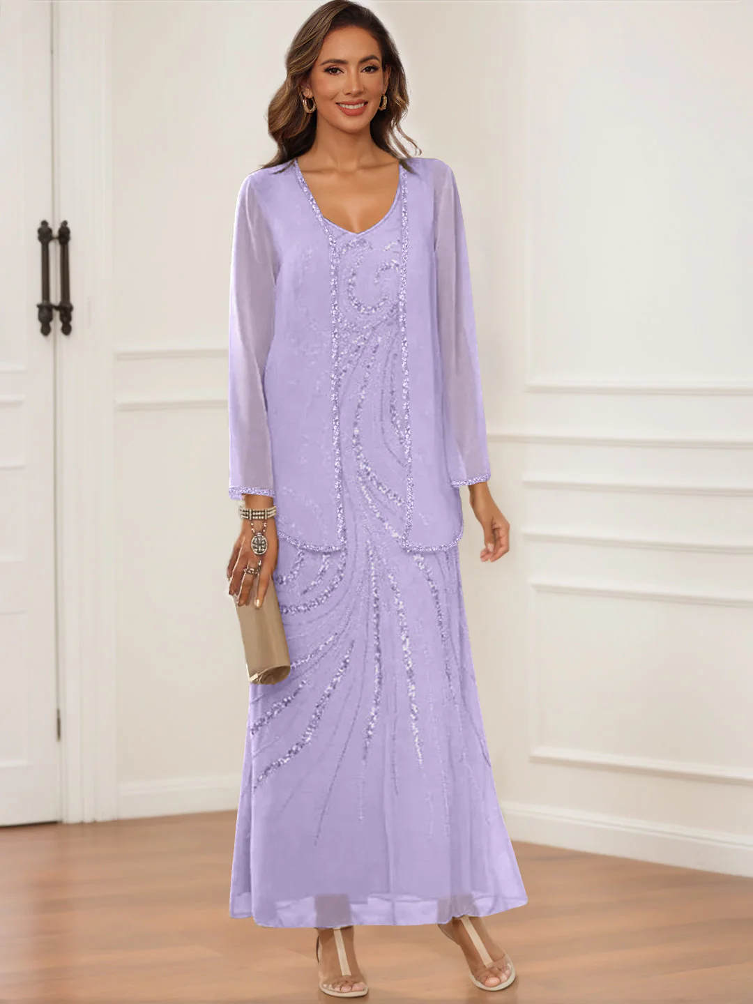 Sheath/Column V-Neck Ankle-Length Mother of the Bride & Groom Dresses with Jacket & Sequins - Image 29