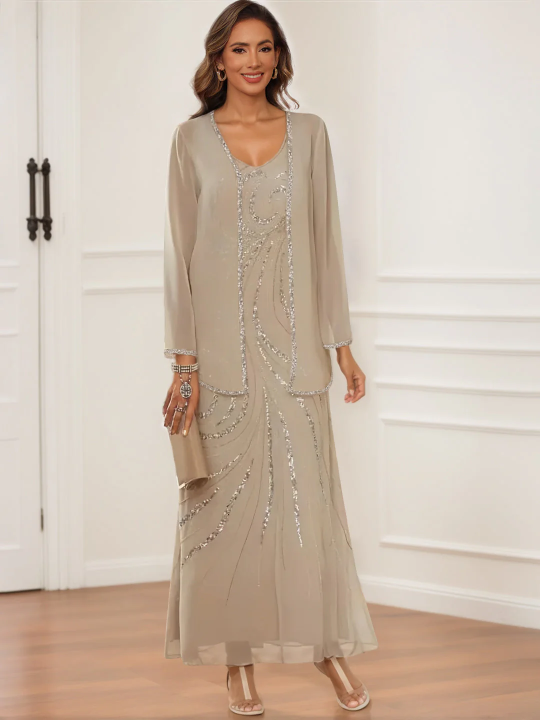 Sheath/Column V-Neck Ankle-Length Mother of the Bride & Groom Dresses with Jacket & Sequins - Image 3