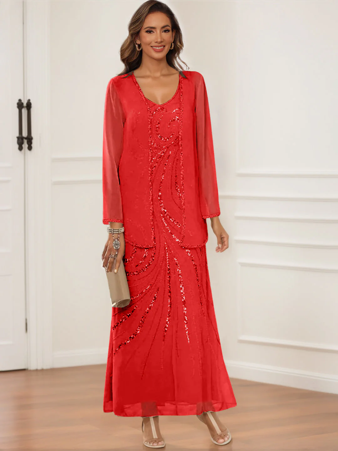 Sheath/Column V-Neck Ankle-Length Mother of the Bride & Groom Dresses with Jacket & Sequins - Image 46