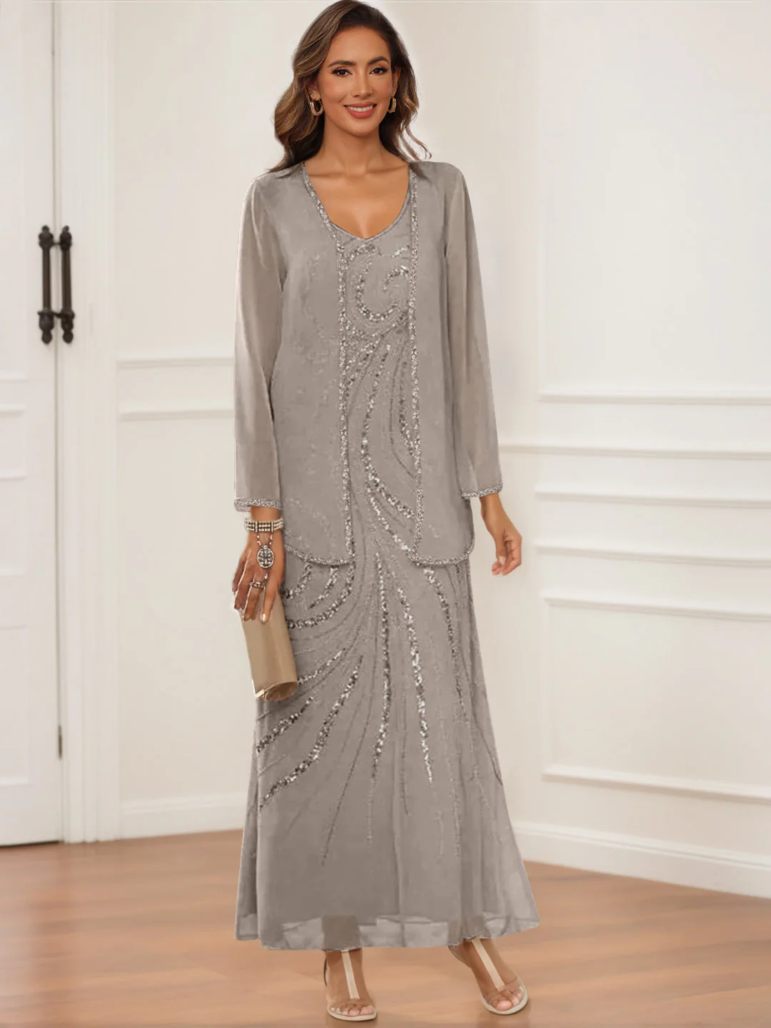 Sheath/Column V-Neck Ankle-Length Mother of the Bride & Groom Dresses with Jacket & Sequins - Image 56
