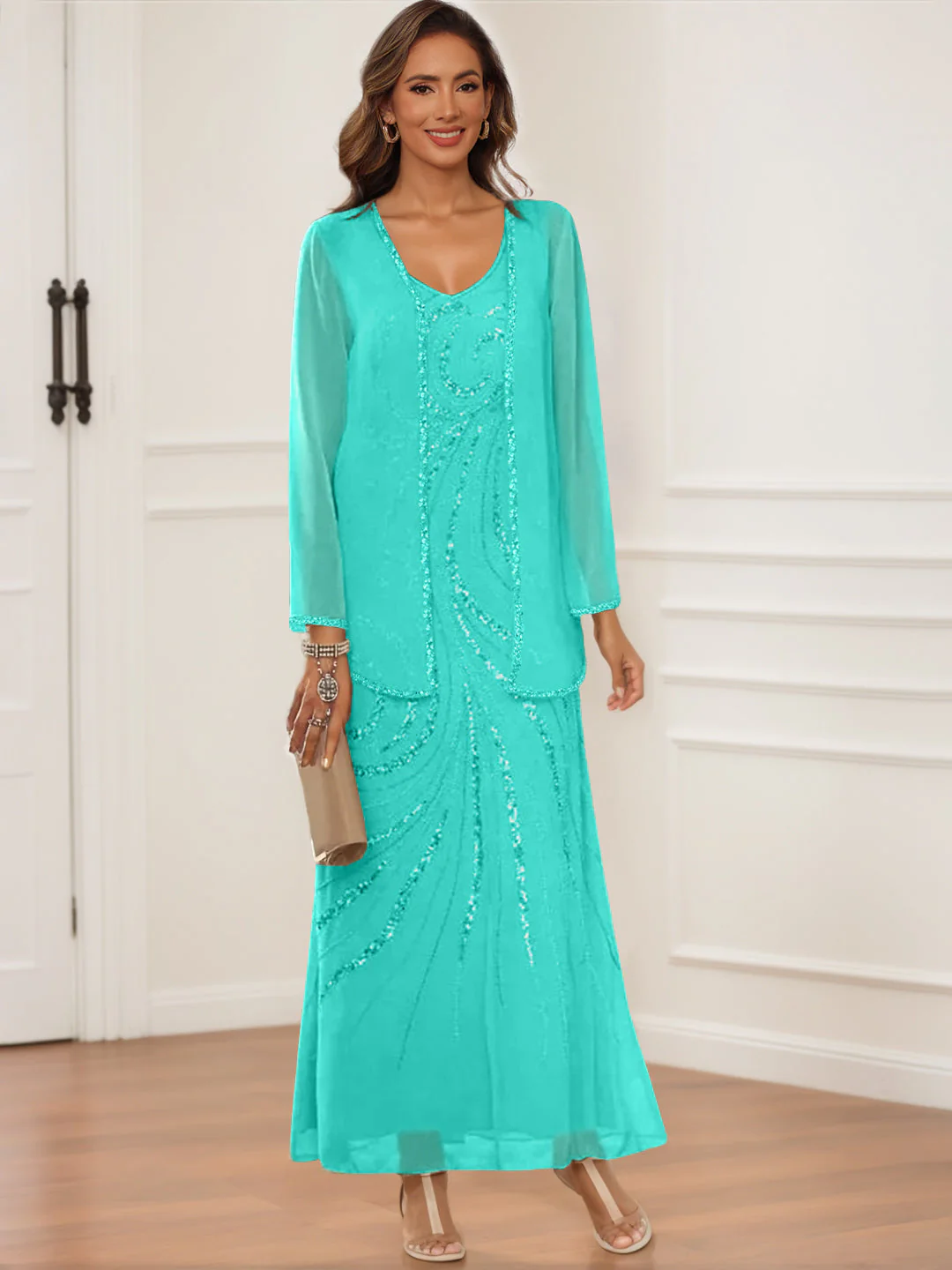 Sheath/Column V-Neck Ankle-Length Mother of the Bride & Groom Dresses with Jacket & Sequins - Image 59