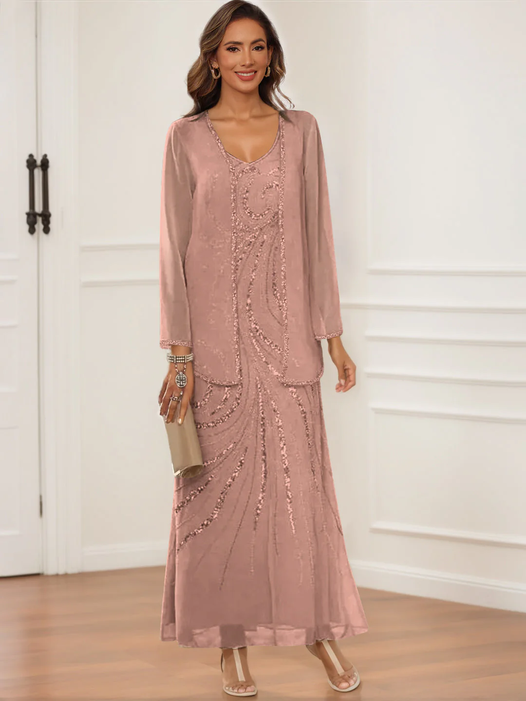 Sheath/Column V-Neck Ankle-Length Mother of the Bride & Groom Dresses with Jacket & Sequins - Image 6