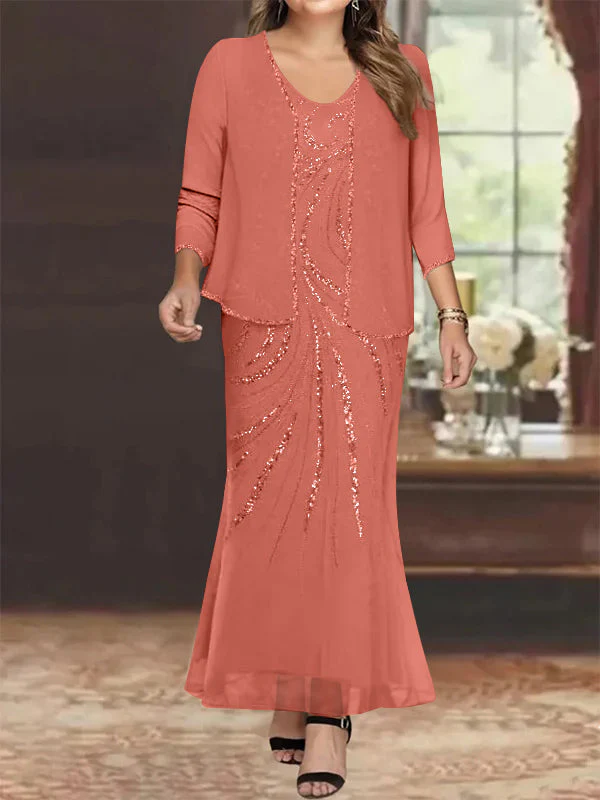 Sheath/Column V-Neck Ankle-Length Plus Size Mother of the Bride Dresses with Jacket & Sequins - Image 26