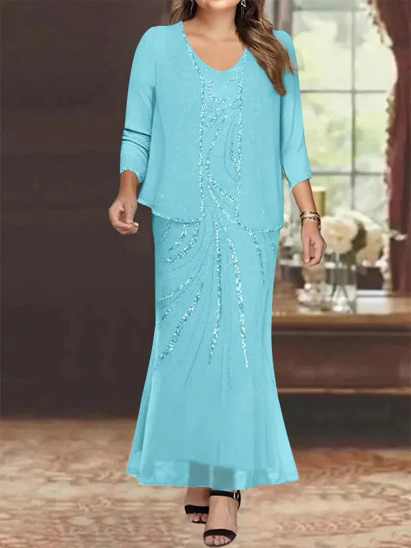 Sheath/Column V-Neck Ankle-Length Plus Size Mother of the Bride Dresses with Jacket & Sequins - Image 29