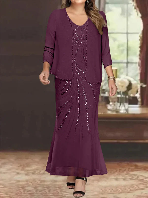 Sheath/Column V-Neck Ankle-Length Plus Size Mother of the Bride Dresses with Jacket & Sequins - Image 36