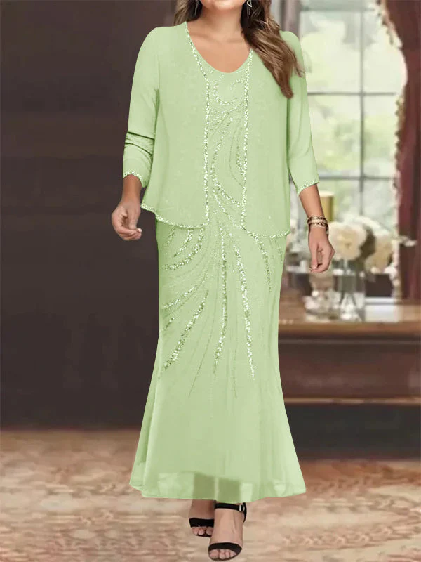 Sheath/Column V-Neck Ankle-Length Plus Size Mother of the Bride Dresses with Jacket & Sequins - Image 5