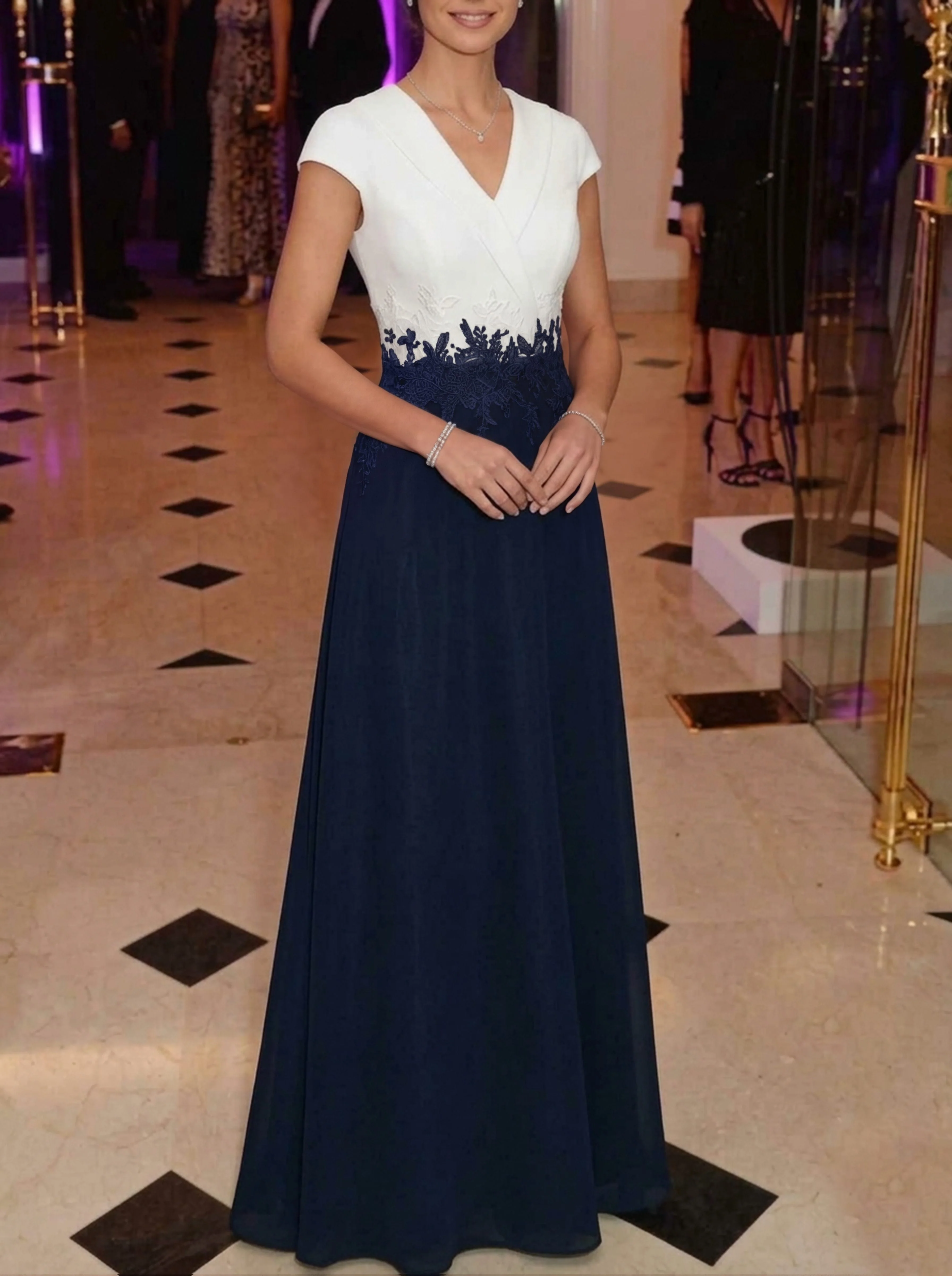 Sheath/Column V-Neck Chiffon Evening Dresses Cap Sleeves Lace Floral Flaoor-Length Party Dresses - Image 4