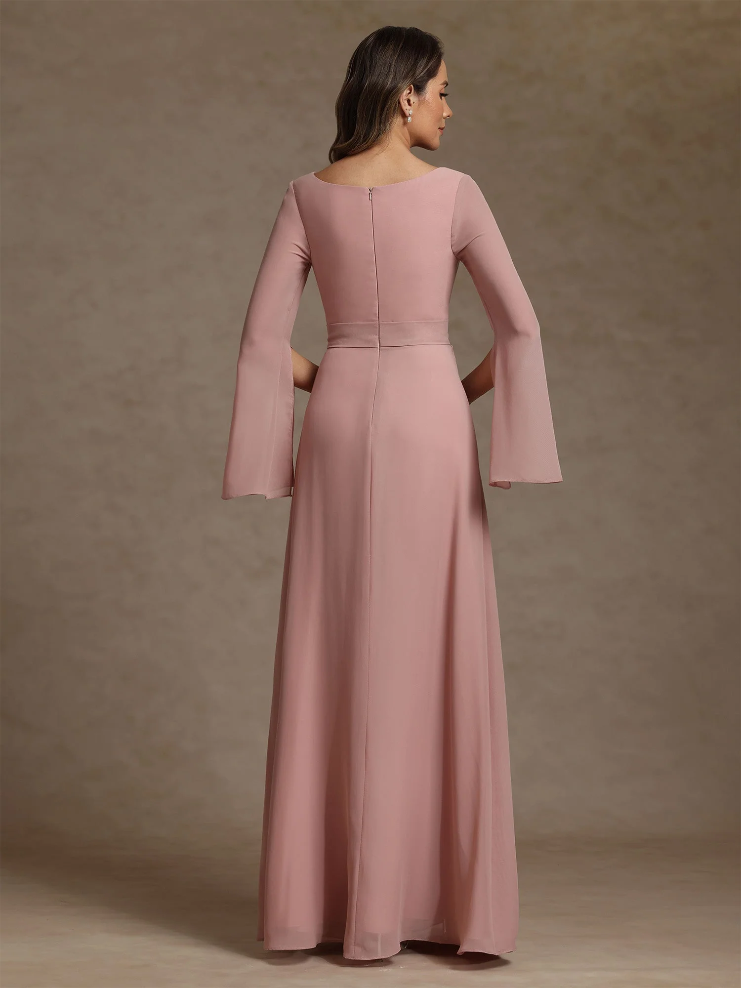 Sheath/Column V-Neck Chiffon Mother of the Bride Dresses Rhinestone Floor-Length Ruched Long Sleeves - Image 2