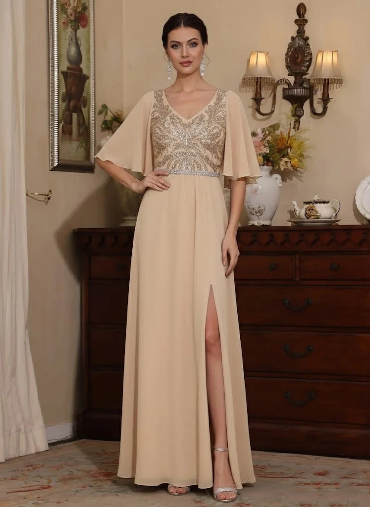 Sheath/Column V-Neck Chiffon Mother of the Bride Dresses with Split Side Floor-Length Sequins Short Sleeves - Image 3