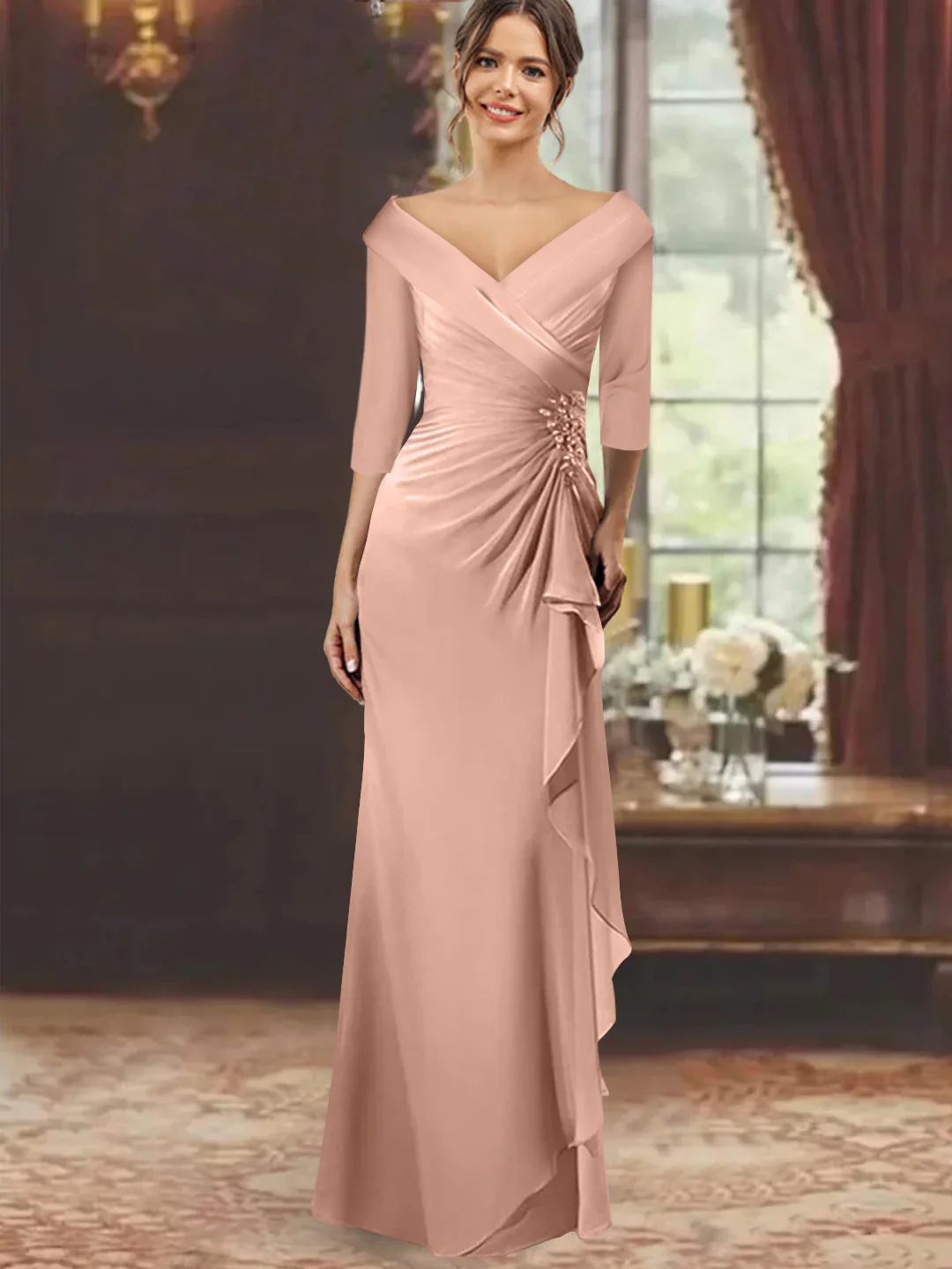 Sheath/Column V-Neck Half Sleeves Floor-Length Mother of the Bride Dresses with Ruffles & Appliques - Image 12