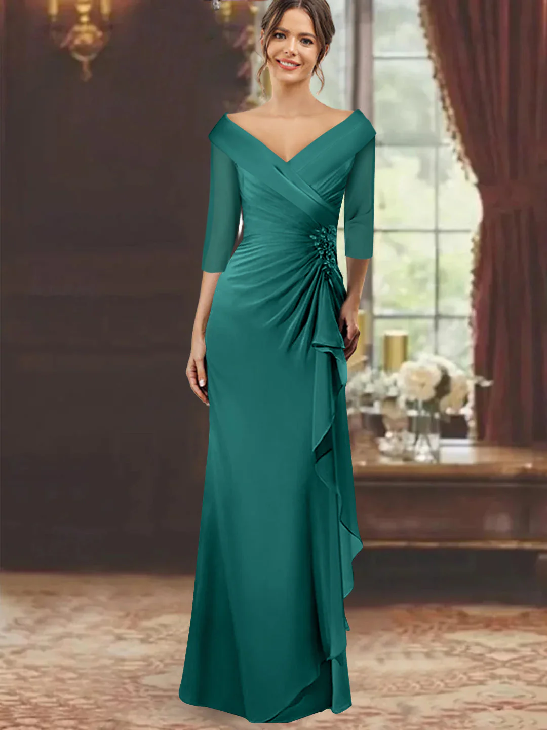 Sheath/Column V-Neck Half Sleeves Floor-Length Mother of the Bride Dresses with Ruffles & Appliques - Image 21