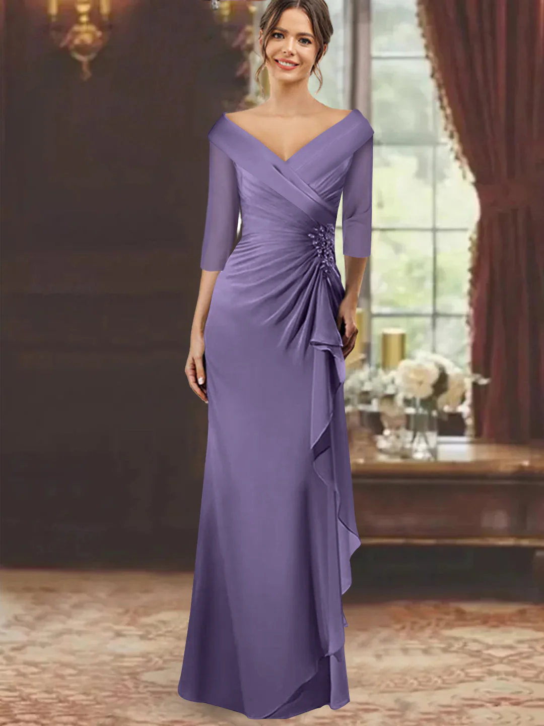 Sheath/Column V-Neck Half Sleeves Floor-Length Mother of the Bride Dresses with Ruffles & Appliques - Image 31