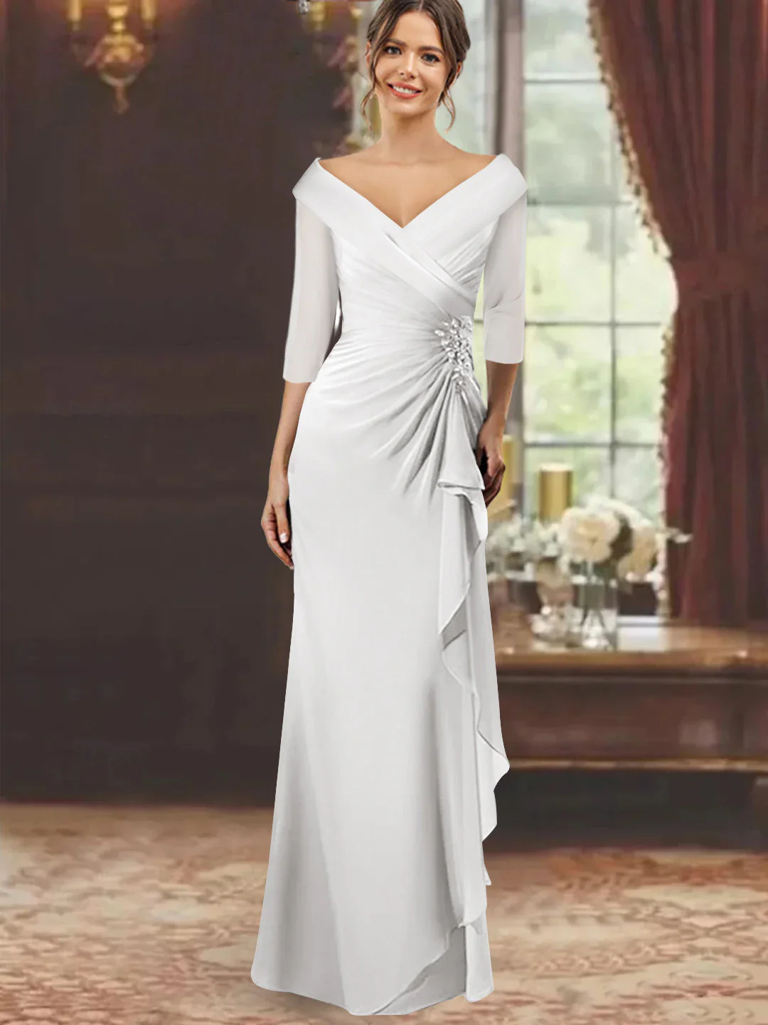 Sheath/Column V-Neck Half Sleeves Floor-Length Mother of the Bride Dresses with Ruffles & Appliques - Image 34